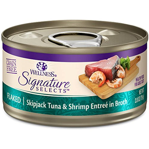 Wellness Natural Pet Food CORE Signature Selects Grain Free Canned Cat Food, Flaked Skipjack Tuna & Shrimp in Broth, 2.8 Ounces (Pack of 12)