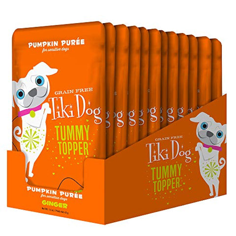 Tiki Dog Single-Serve Tummy Topper, Grain-Free Pumpkin Purée with Ginger for Sensitive Stomachs, 1.5oz Pouches (Pack of 12)